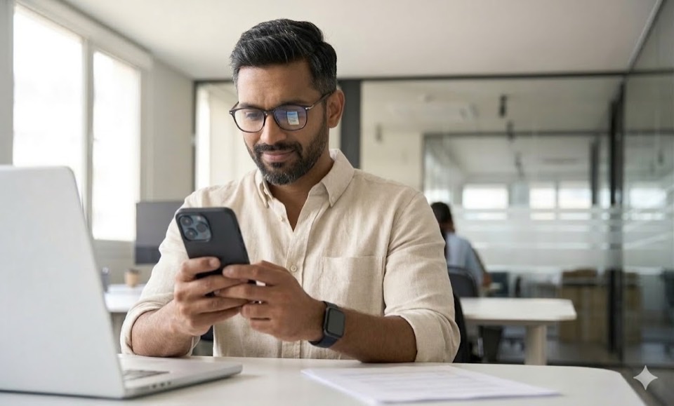 Man reviewing reports on his phone while managing a medically guided nutrition plan