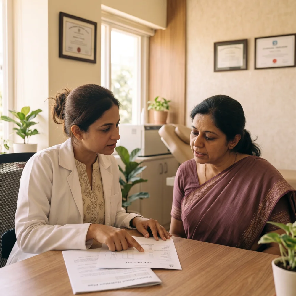 A clinical nutritionist in a white coat reviewing a patient's lab report and personalized nutrition plan together in a clinic consultation room