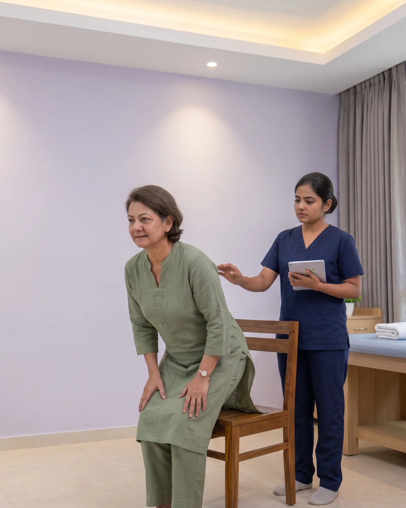 A woman slowly stands up from a chair while a physiotherapist beside her watches the movement.