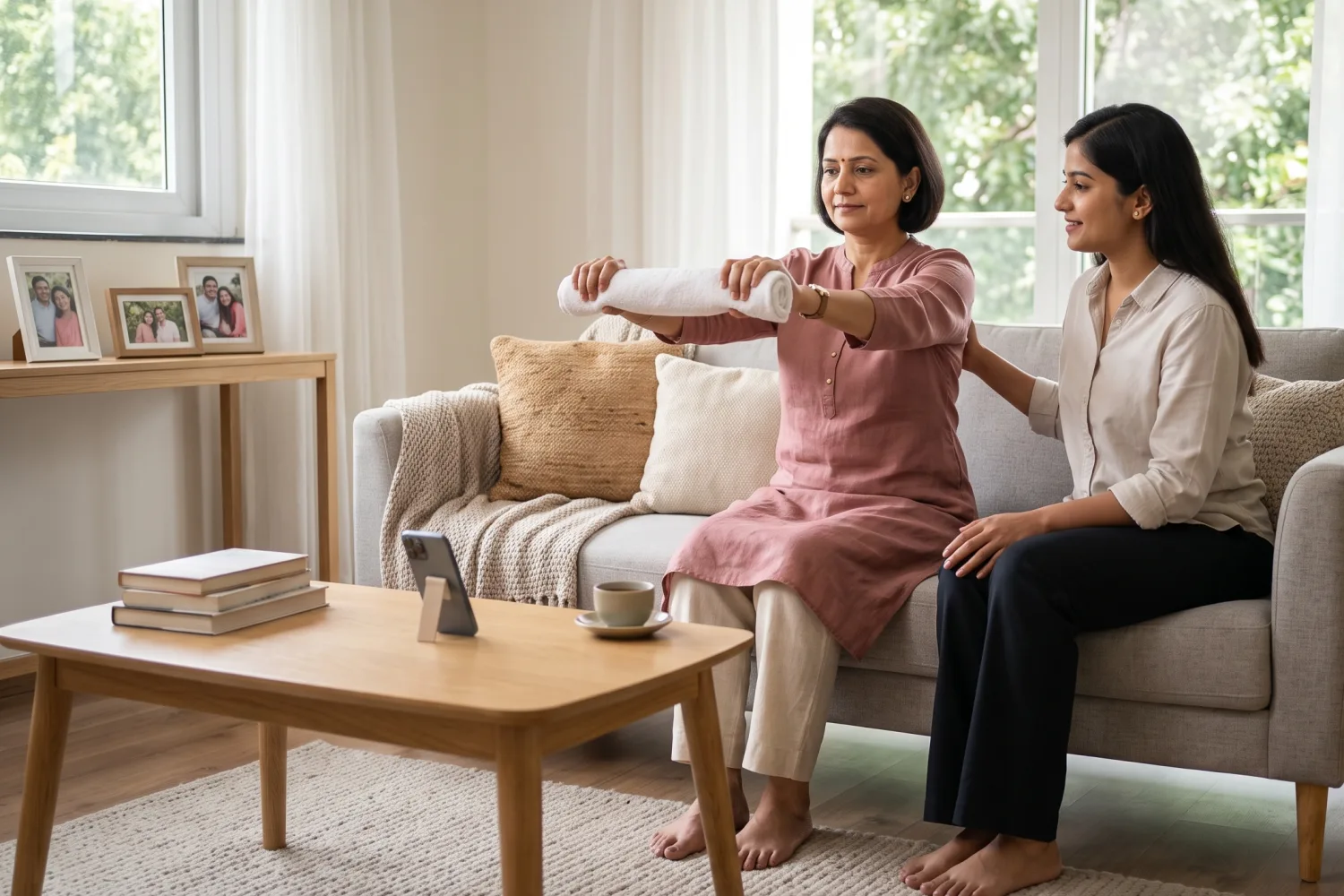 At home, a woman sitting on her sofa lifts a rolled towel to chest height while following her exercises on her phone, her daughter beside her.