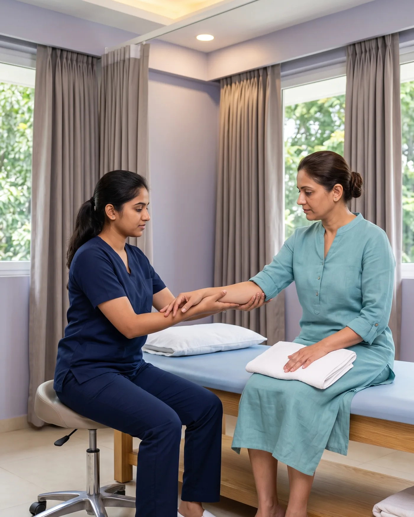 Seated on a treatment couch, a woman holds out her arm while a physiotherapist gently supports it and looks at her forearm.