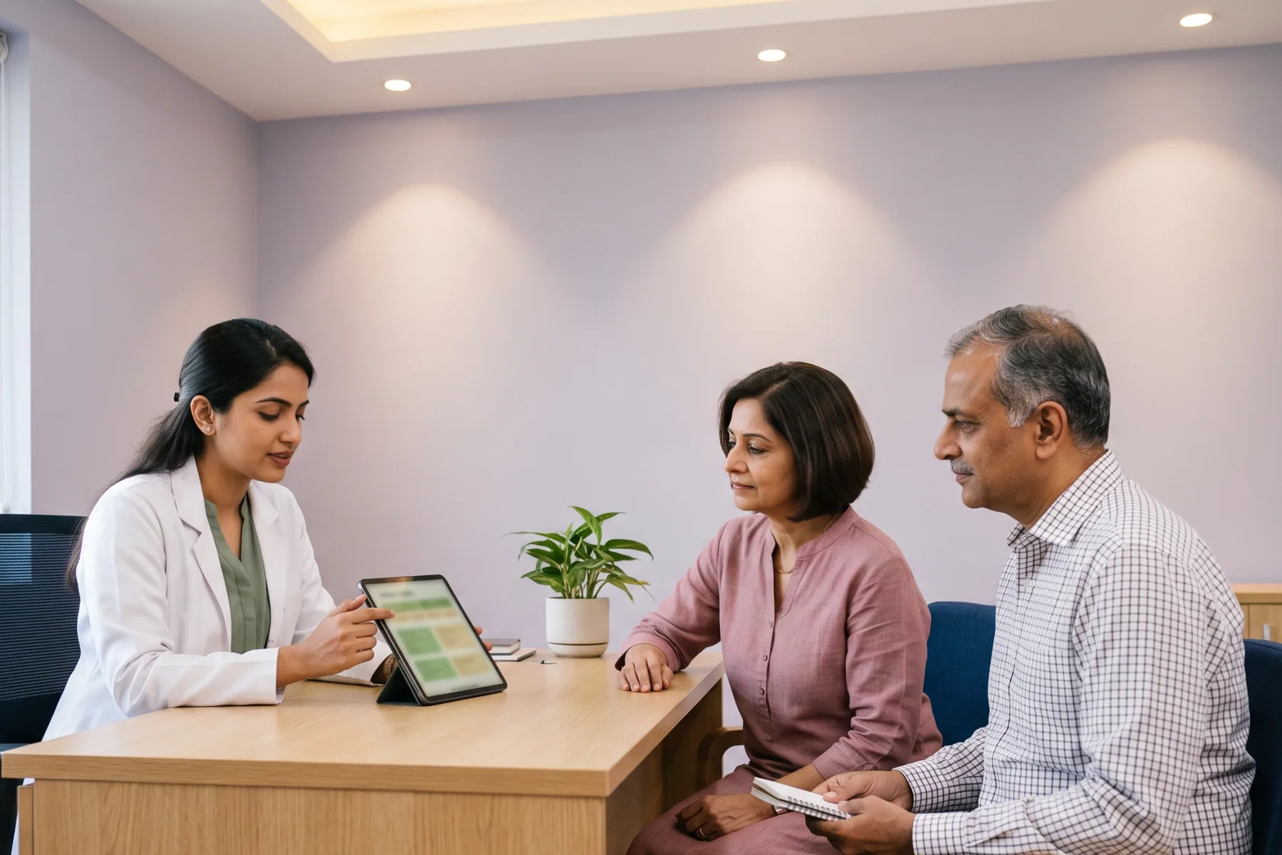 A clinical nutritionist shows a woman and her husband a meal plan on a tablet during a consultation.
