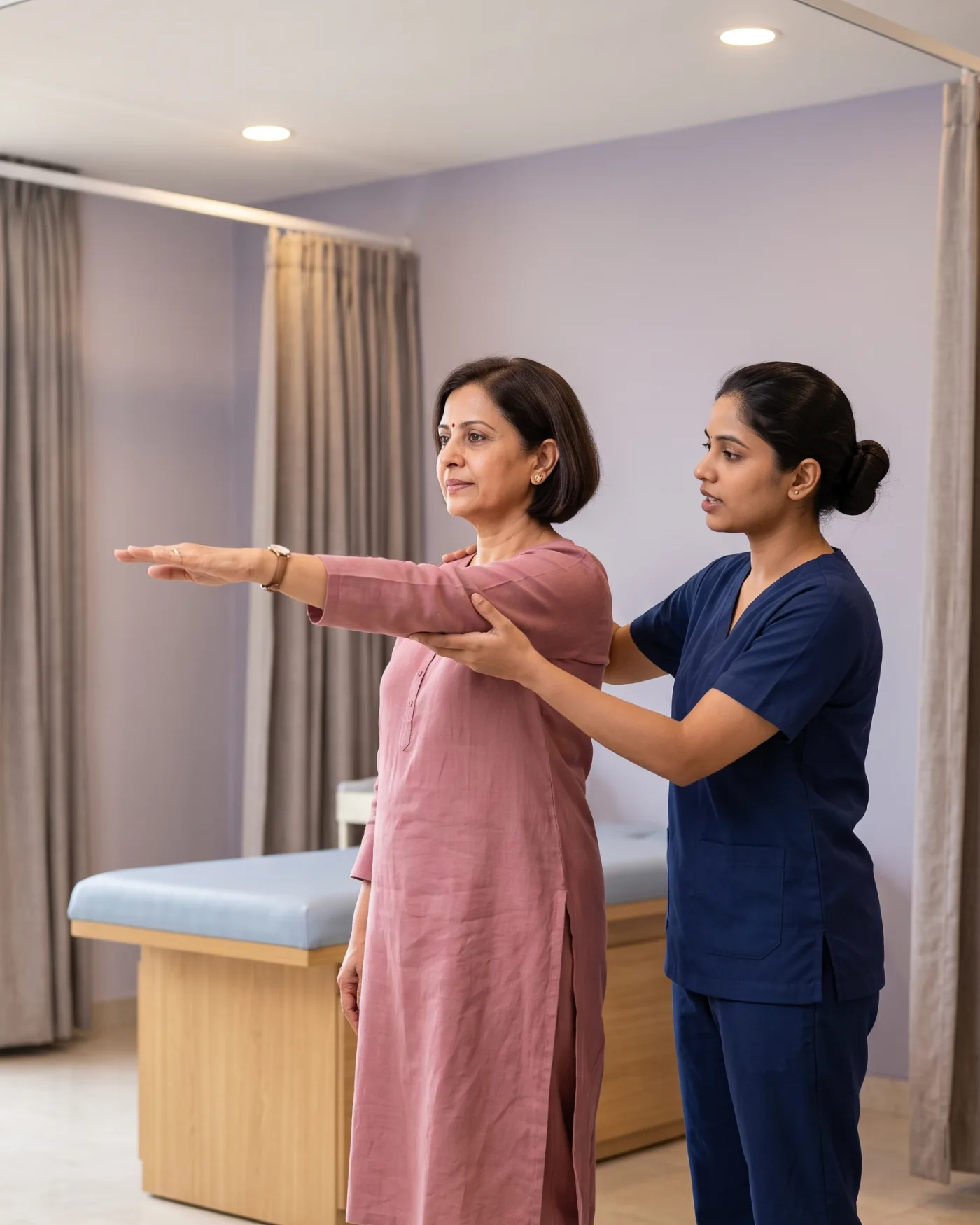 A physiotherapist supports a woman’s arm and shoulder as she raises her arm forward during a session at the clinic.