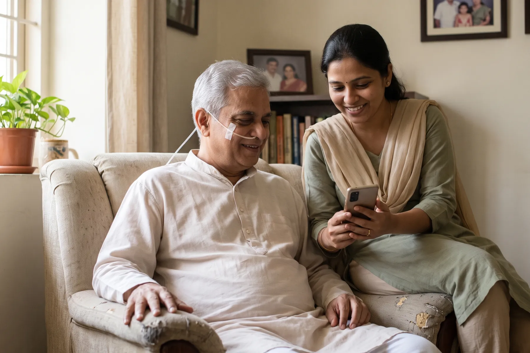 At home, an older man with a feeding tube taped to his cheek smiles as his daughter shows him something on her phone.