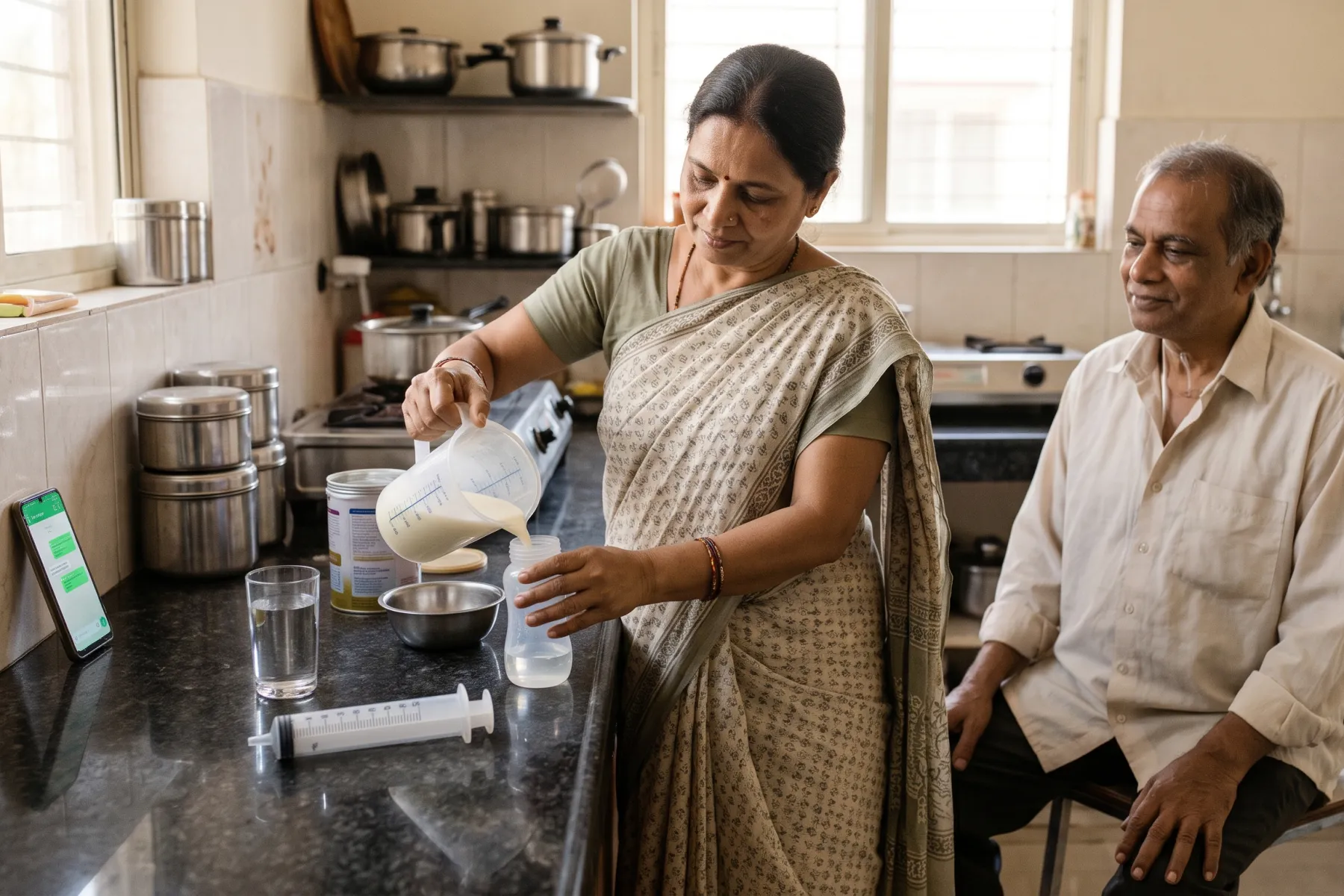 In their kitchen, a woman pours measured formula into a feeding bottle while her husband watches from a stool.