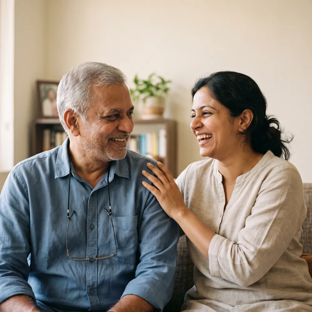 An older man and his adult daughter laugh together at home during his recovery, supported by Zarity's care team.